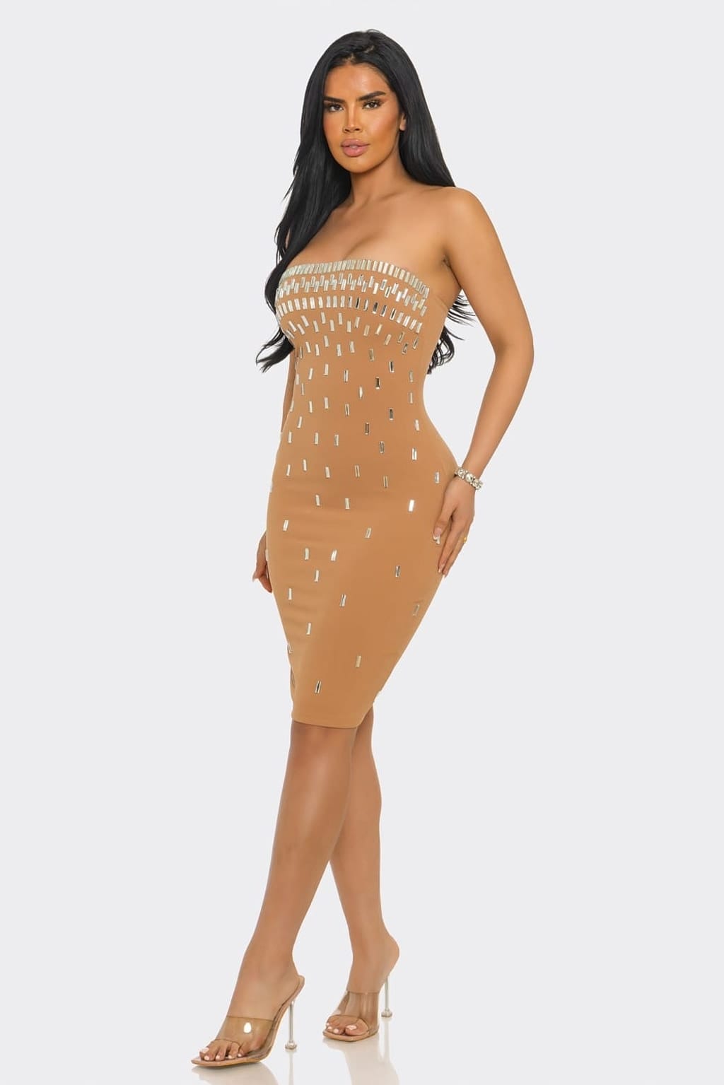 Midnight Dazzle Black Rhinestone Strapless Midi Dress - bodice detail