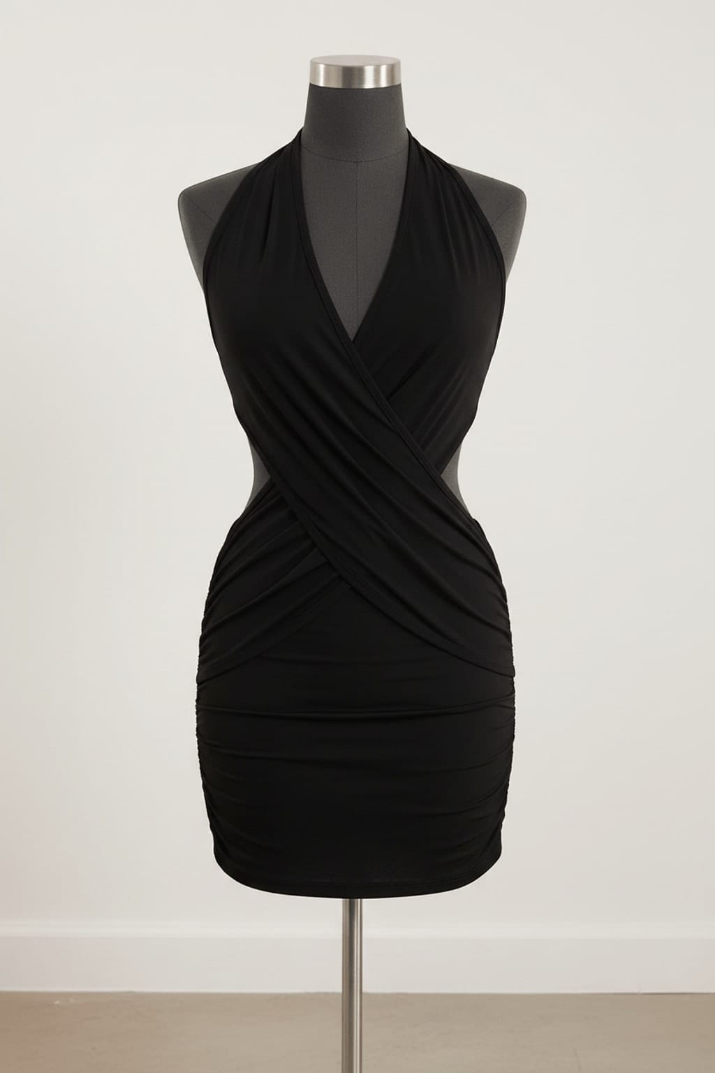 Halter Neck Ruched Bodycon Mini Dress - Black Studio Enhanced