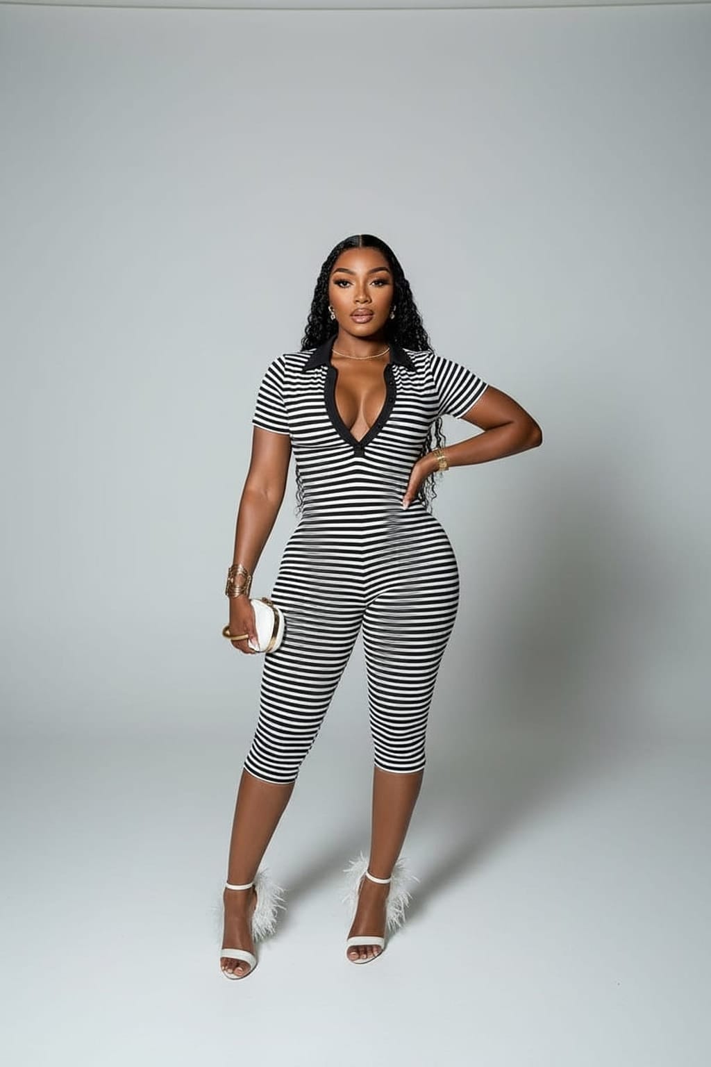 Women's Striped V-Neck Polo Collar Bodycon Capri Jumpsuit | 2 Colors
