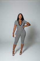 Women's Striped V-Neck Polo Collar Bodycon Capri Jumpsuit | 2 Colors