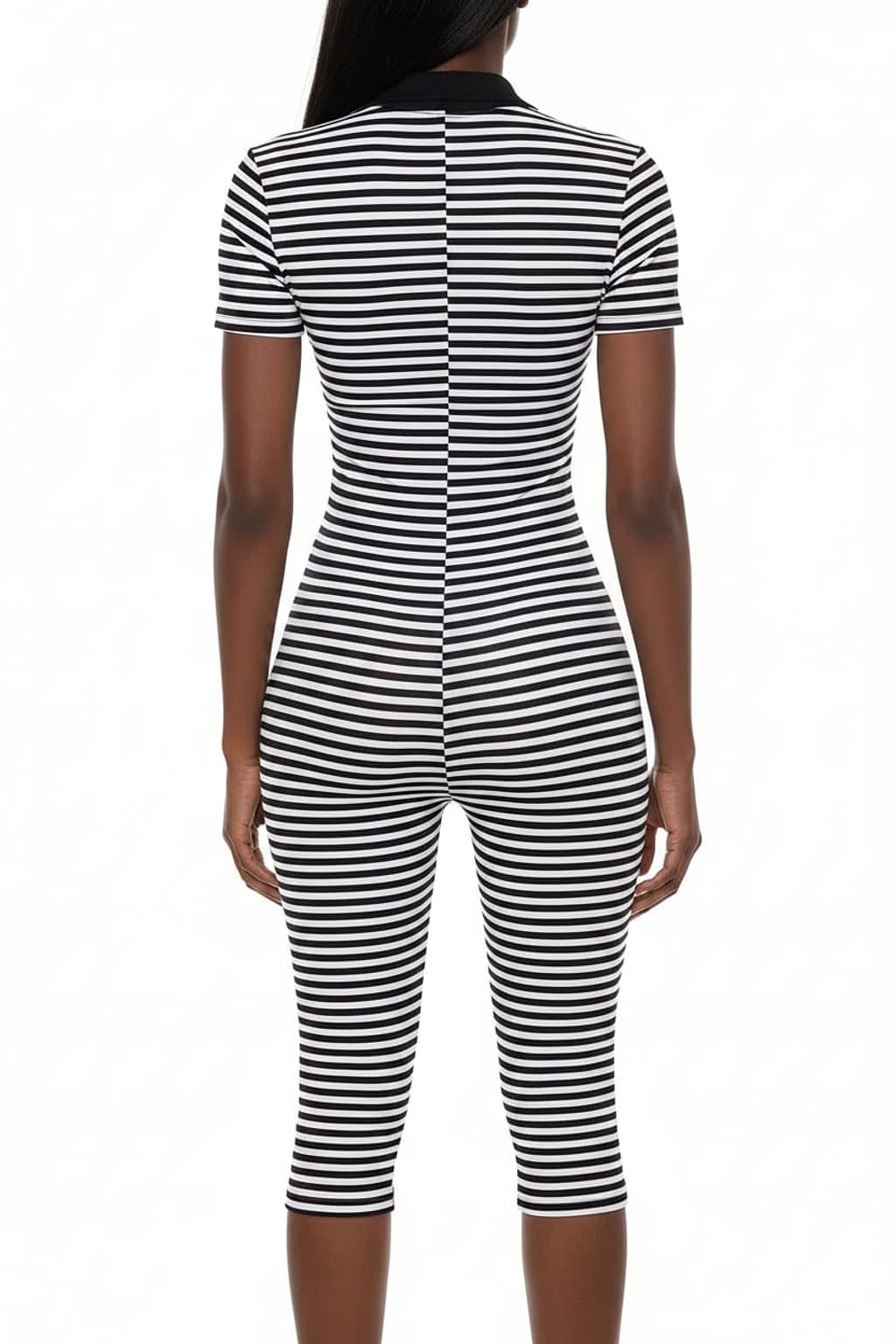 A black and white horizontally striped short-sleeve bodycon jumpsuit shown from the back on a white mannequin against a white background.