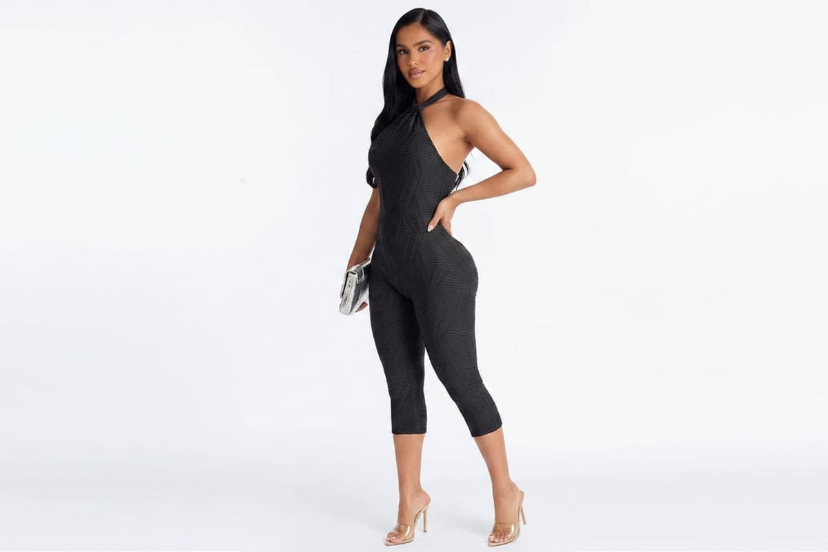 Women's Textured Halter Neck Open Back Bodycon Capri Jumpsuit 3 Colors