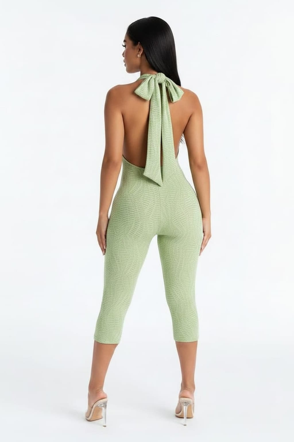 Women's Textured Halter Neck Open Back Bodycon Capri Jumpsuit 3 Colors