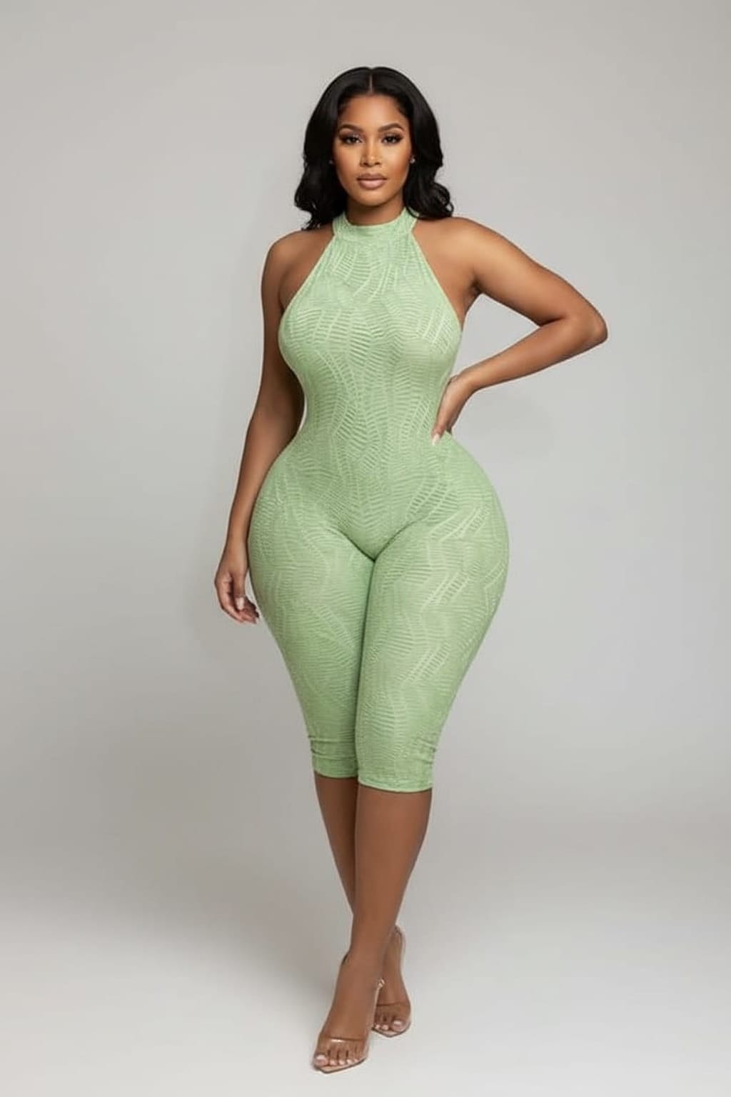 Women's Textured Halter Neck Open Back Bodycon Capri Jumpsuit 3 Colors