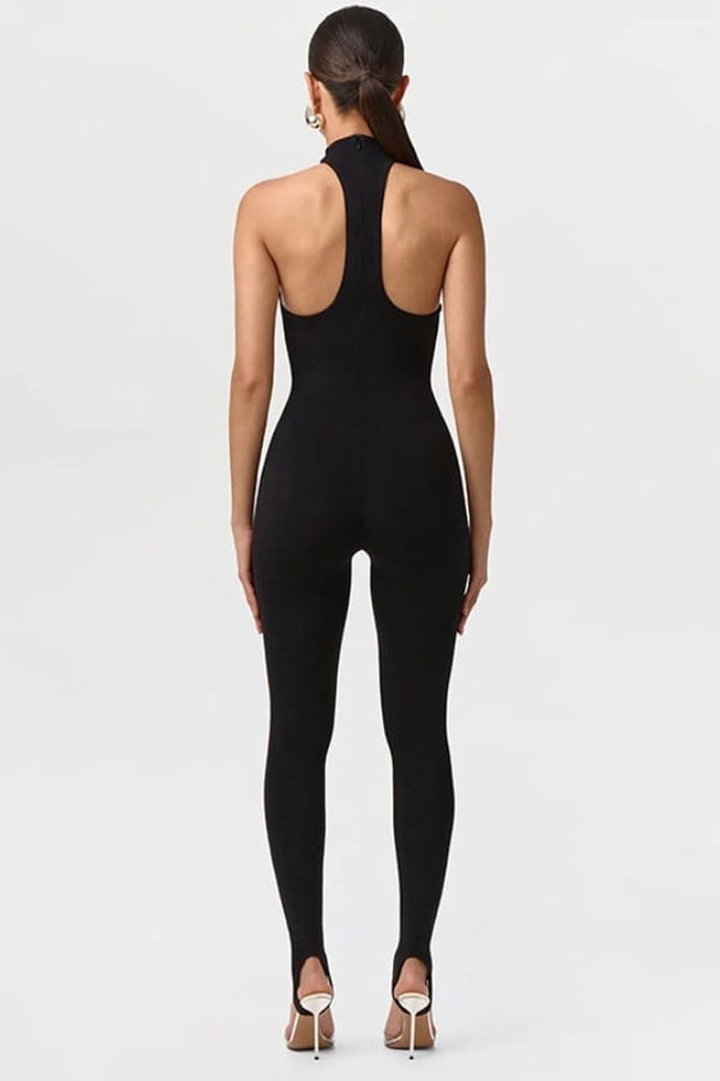 Women's Gold Ring Halter Neck Racerback Stirrup Jumpsuit Black Brown