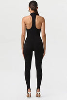 Women's Gold Ring Halter Neck Racerback Stirrup Jumpsuit Black Brown