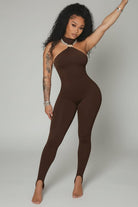 Women's Gold Ring Halter Neck Racerback Stirrup Jumpsuit Black Brown
