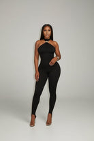 Women's Gold Ring Halter Neck Racerback Stirrup Jumpsuit Black Brown