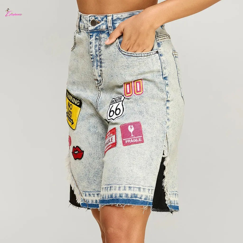 Patch graphic denim bermuda shorts front view - Epicplacess