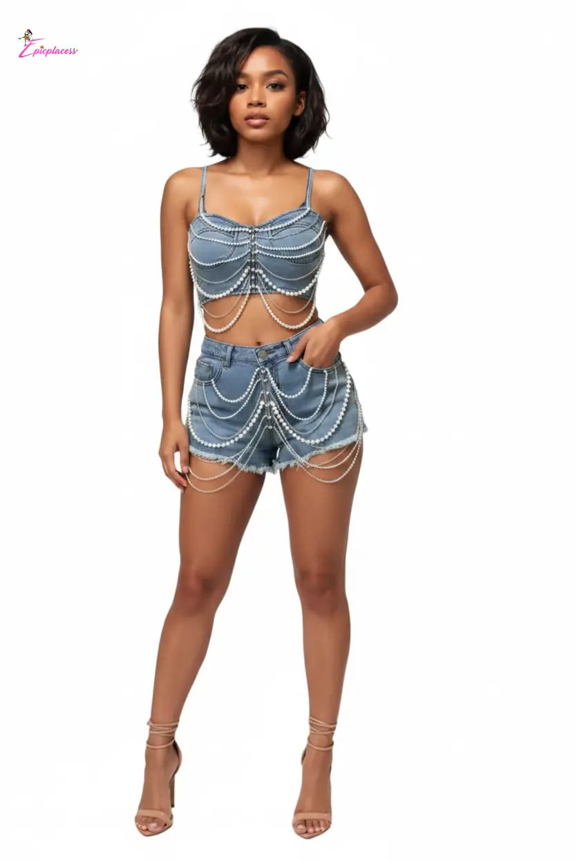 Denim shorts set close detail - Epicplacess