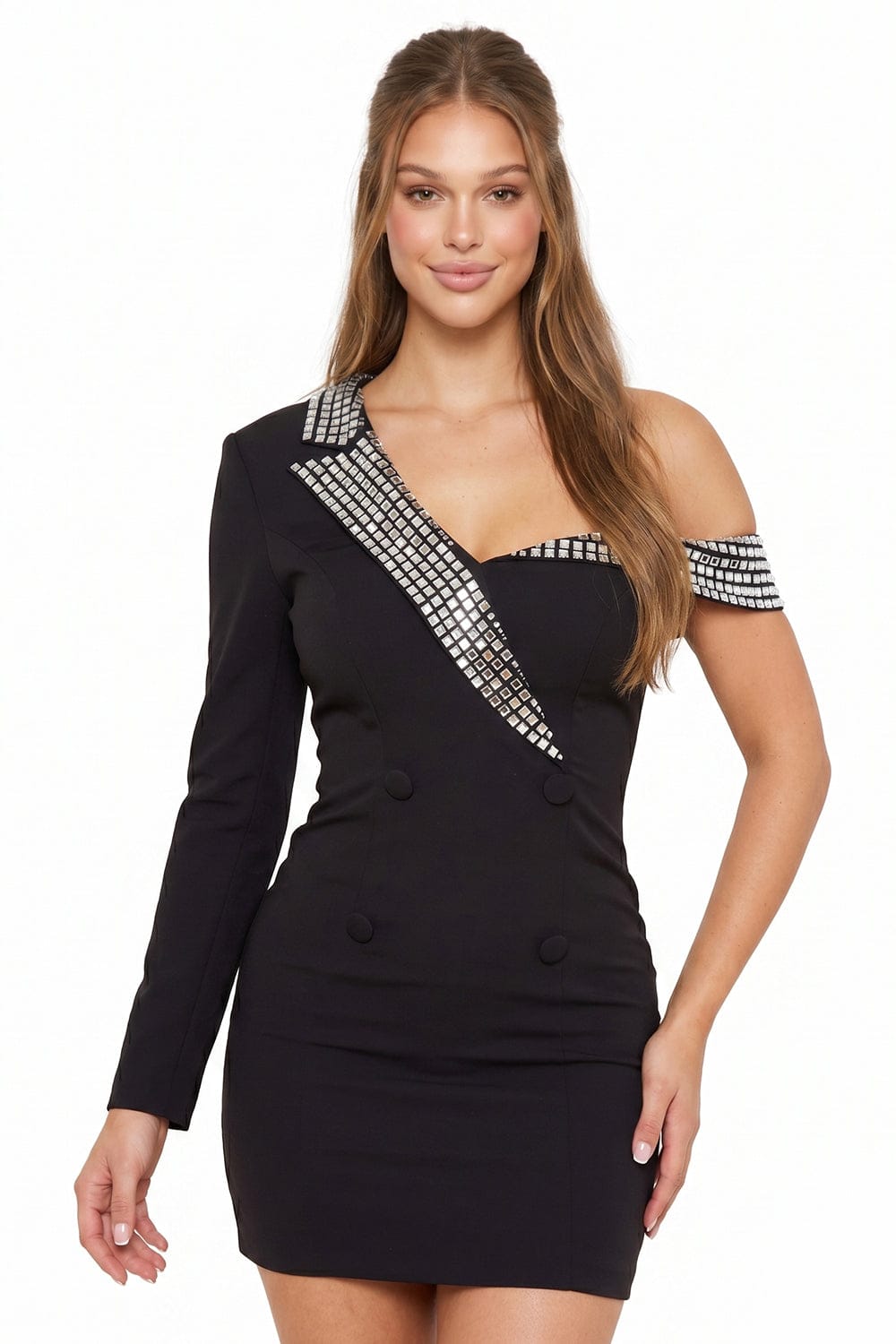 Women's Rhinestone One Shoulder Suit Mini Dress in Black