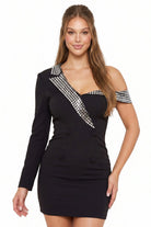 Women's Rhinestone One Shoulder Suit Mini Dress in Black