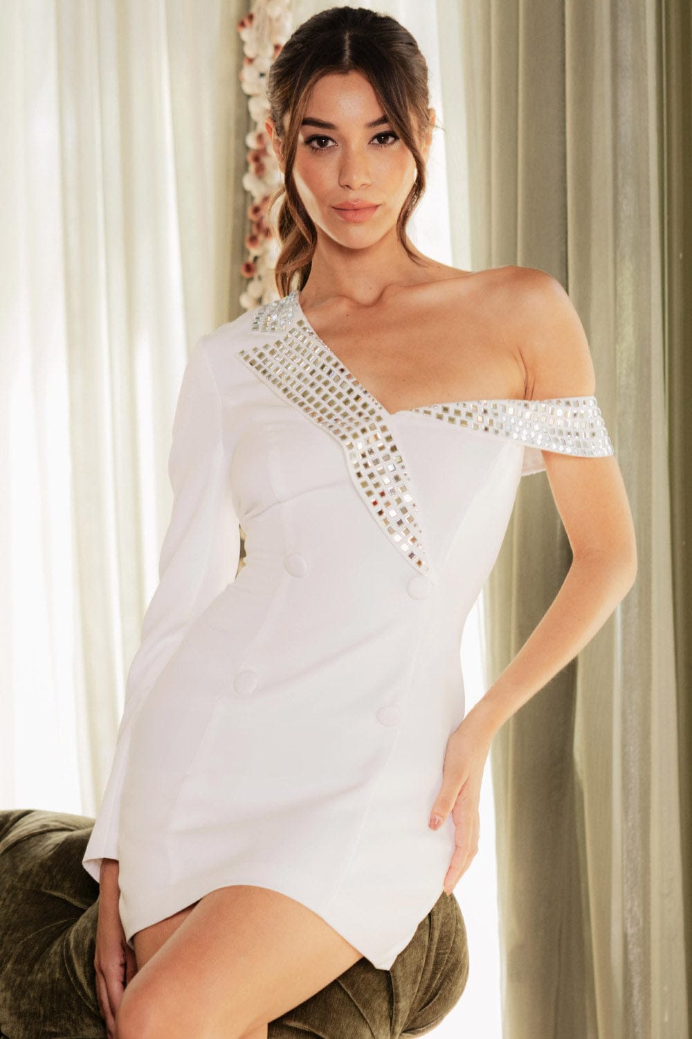 Women's Rhinestone One Shoulder Suit Mini Dress – full-length view