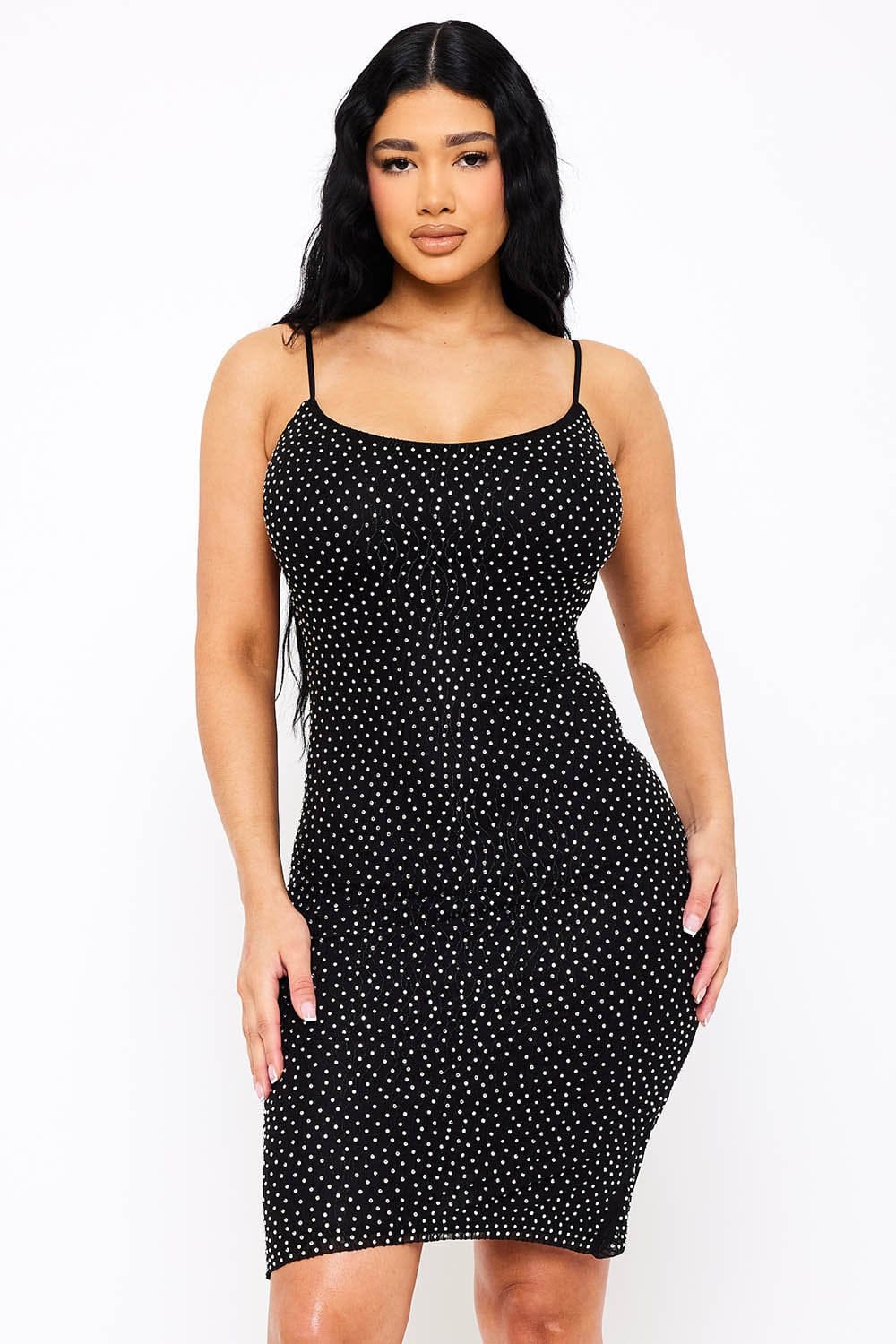 Women's Rhinestone on Stretch Wavy Mesh Mini Dress – side view