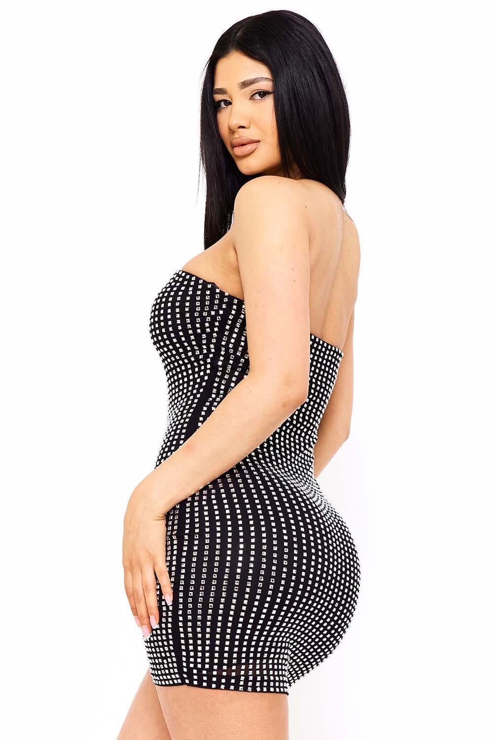 Women's Rhinestone on Power Mesh Tube Top Mini Dress – front view