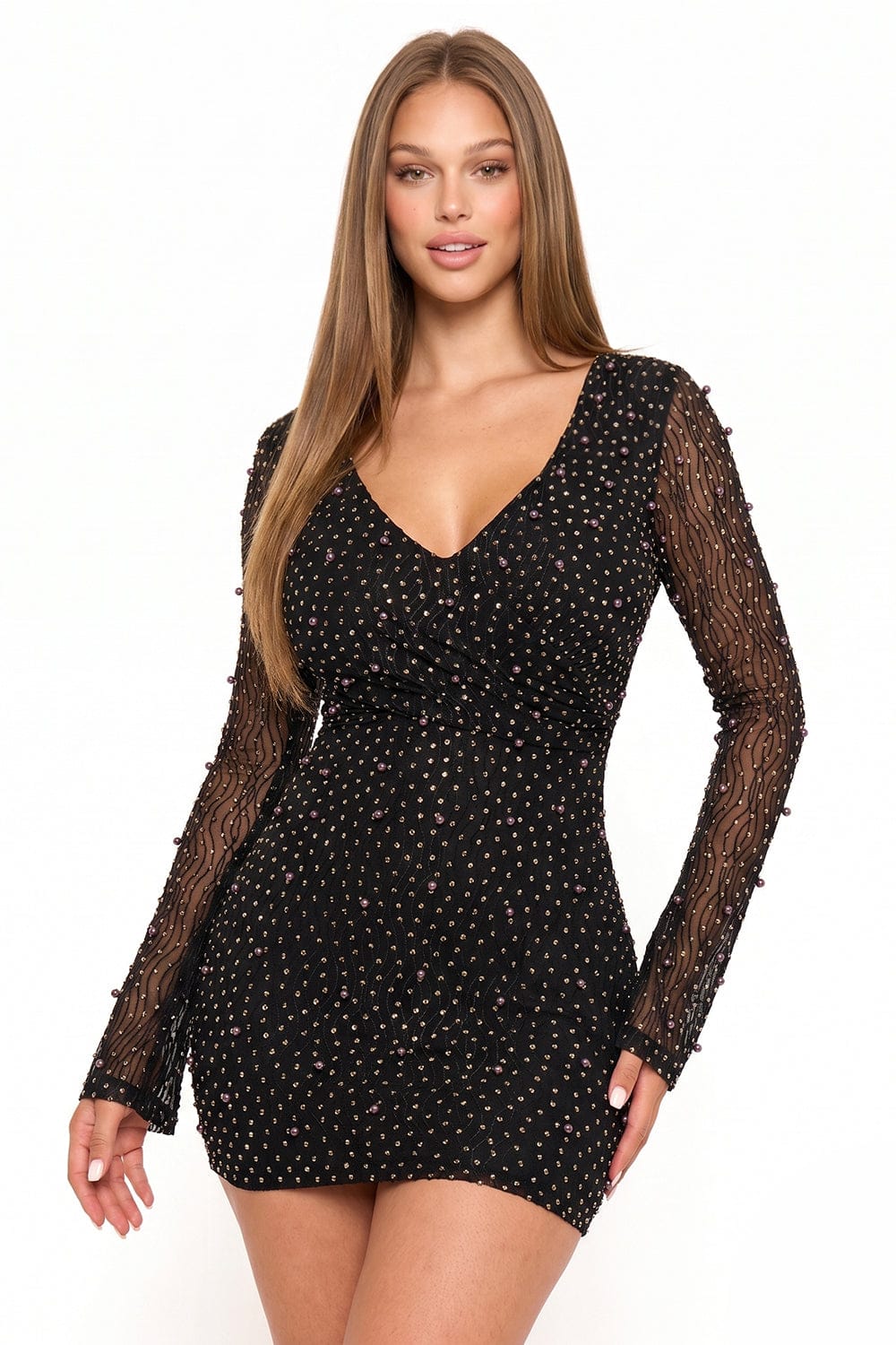 Women's Pearl Detailed Wavy Mesh Mini Dress in Black