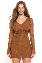 Women's Pearl Detailed Wavy Mesh Mini Dress in Mocha