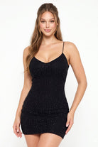 Women's Rhinestone with Stitching Detailed Mini Dress in Black