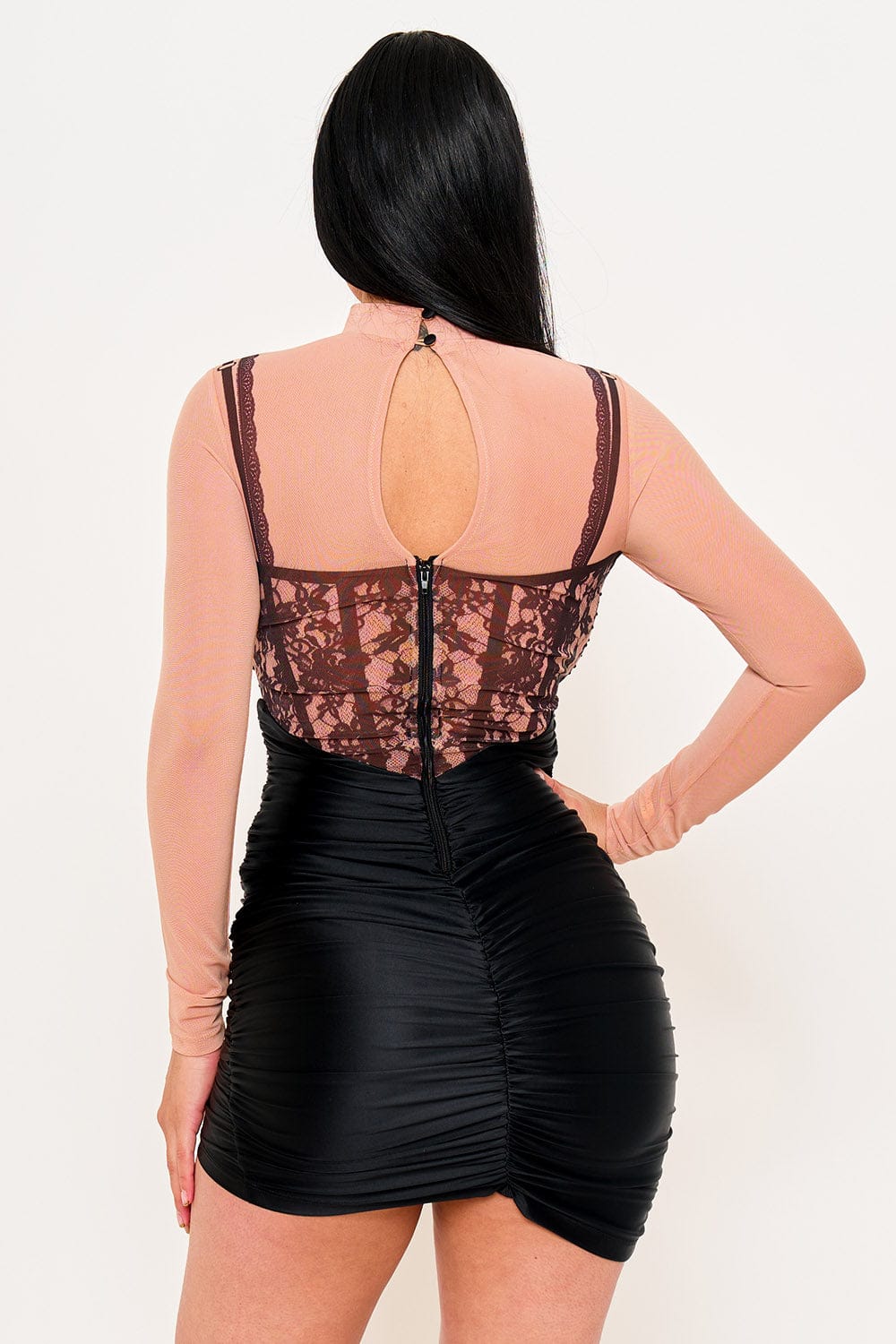 Women's Lace Print on Mesh with Satin Contrast Mini Dress – detail close-up
