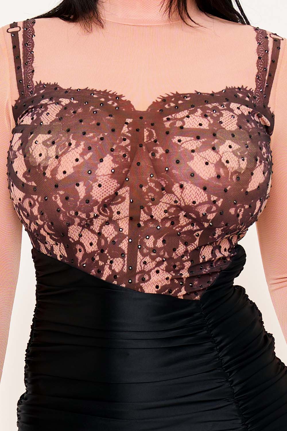 Women's Lace Print on Mesh with Satin Contrast Mini Dress – fabric detail