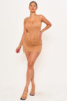 Women's Rhinestone on Overlay Mesh Mini Dress in Gold
