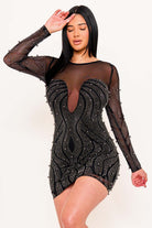 Women's Patterned Rhinestone and Pearl on Mesh Mini Dress – side view