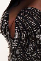 Women's Patterned Rhinestone and Pearl on Mesh Mini Dress – fabric detail