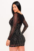 Women's Patterned Rhinestone and Pearl on Mesh Mini Dress – styled look