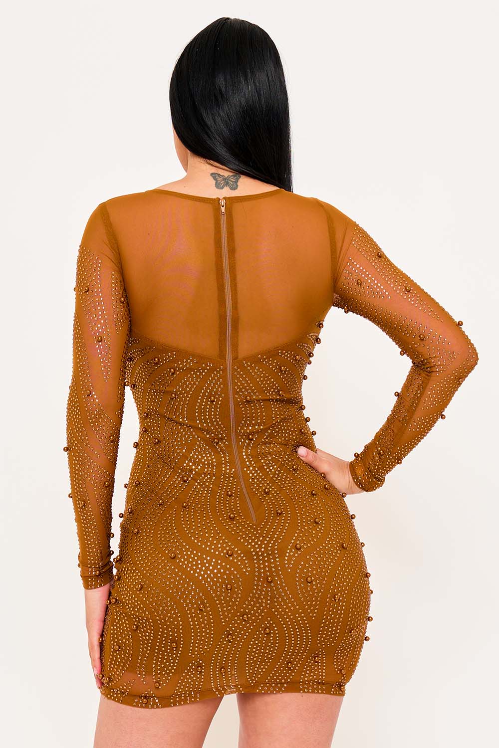 Women's Patterned Rhinestone and Pearl on Mesh Mini Dress – front view