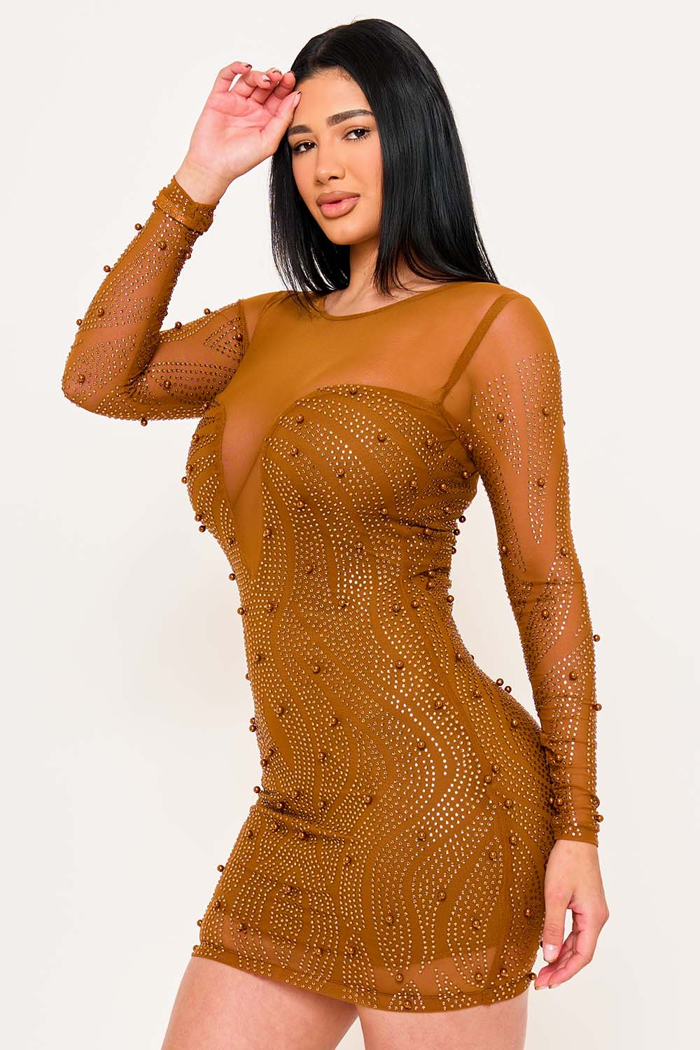 Women's Patterned Rhinestone and Pearl on Mesh Mini Dress – model view
