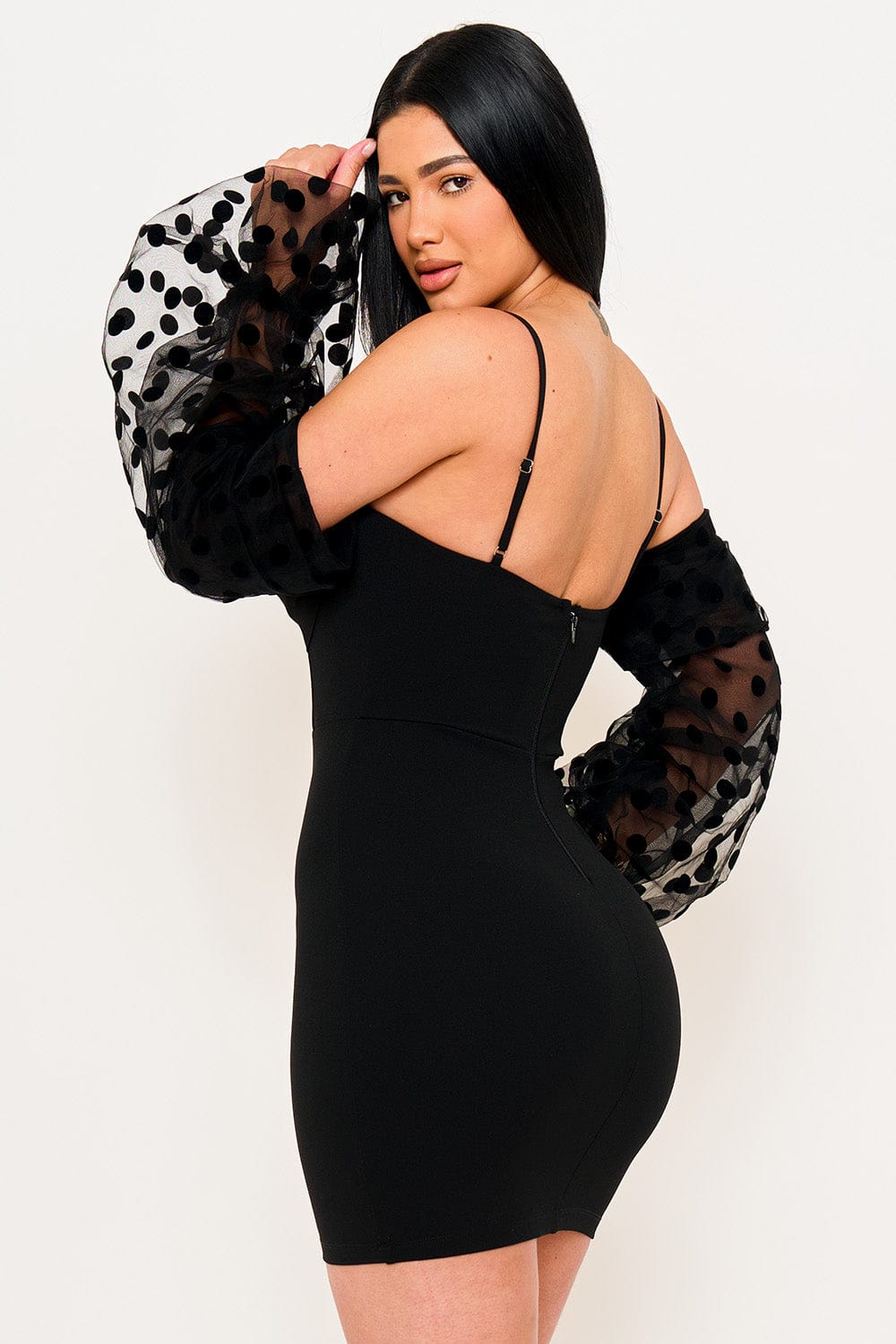 Women's Polkadot on Mesh Long Balloon Sleeve Mini Dress – fabric detail