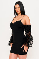 Women's Polkadot on Mesh Long Balloon Sleeve Mini Dress – full-length view