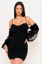 Women's Polkadot on Mesh Long Balloon Sleeve Mini Dress – model view