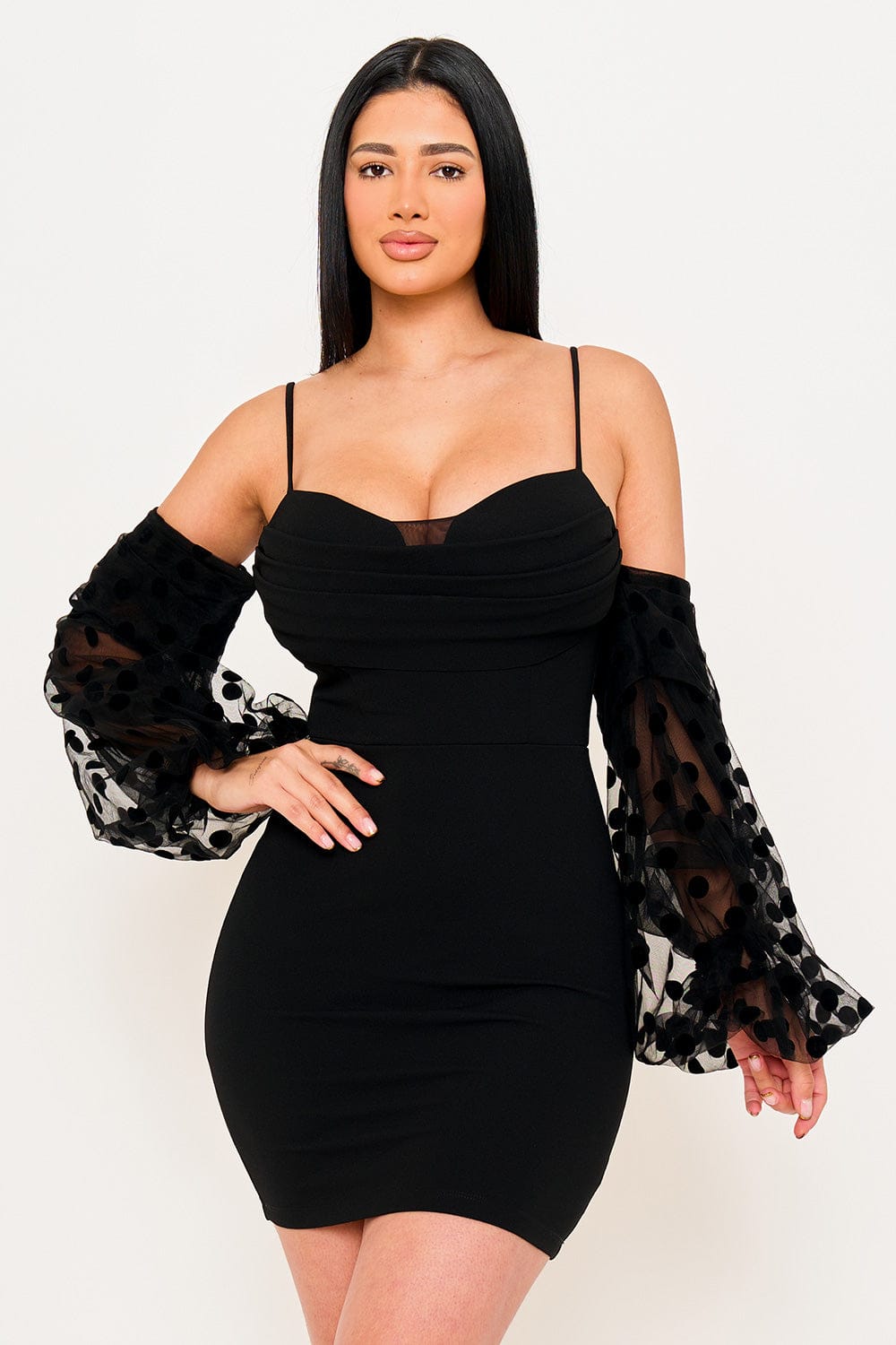 Women's Polkadot on Mesh Long Balloon Sleeve Mini Dress – styled look
