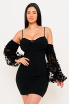 Women's Polkadot on Mesh Long Balloon Sleeve Mini Dress – styled look