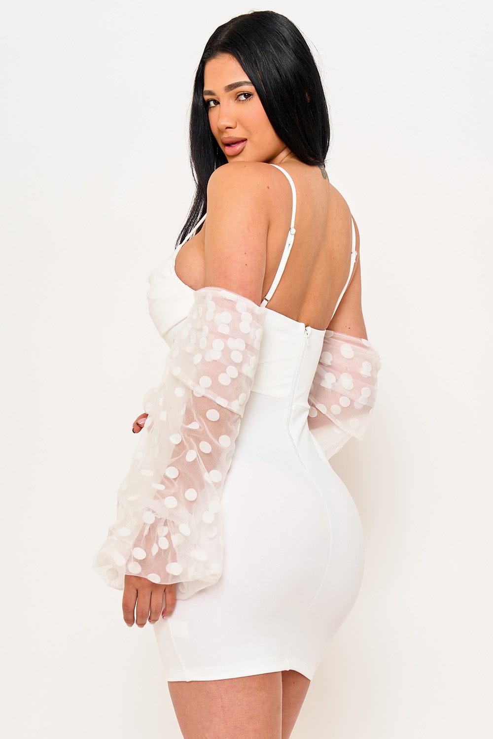 Women's Polkadot on Mesh Long Balloon Sleeve Mini Dress – detail close-up