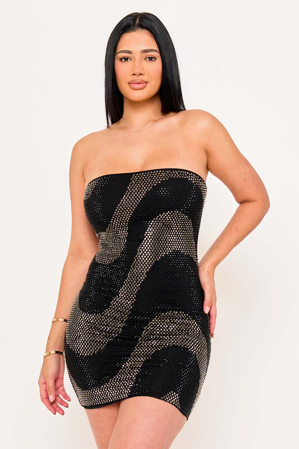 Women's Swirl Patterned Rhinestone Tube Top Mini Dress – front view