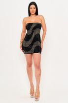 Women's Swirl Patterned Rhinestone Tube Top Mini Dress in Black