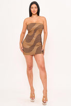 Women's Swirl Patterned Rhinestone Tube Top Mini Dress in Gold