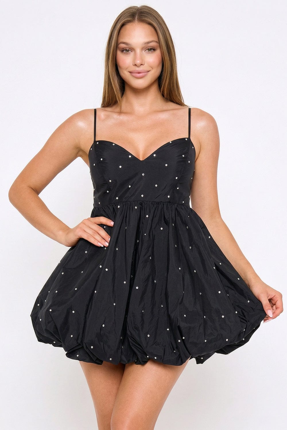 Women's Rhinestone on Taffeta Balloon Skirt Mini Dress – detail close-up