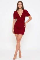 Women's Mesh Shirring Shoulder Cape Mini Dress in Burgundy