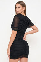 Women's Mesh Shirring Shoulder Cape Mini Dress – fabric detail