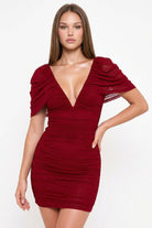 Women's Mesh Shirring Shoulder Cape Mini Dress – side view