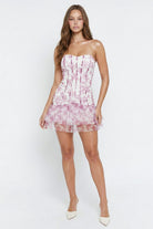 Women's Floral Print on Mesh Corset Bustier Top Mini Dress in Pink