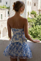 Women's Floral Print on Mesh Corset Bustier Top Mini Dress – front view