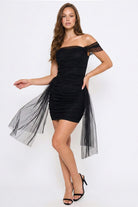 Women's Layers of Mesh Off the Shoulder Mini Dress in Black