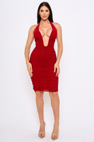 Women's Pleated Halter Neck Mini Dress in Dark Red