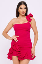 Women's One Shoulder Ruffle Hem Mini Dress – model view