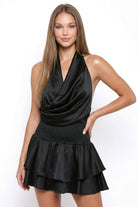 Women's Satin Draped Cowl Halter Neck Mini Dress – model view