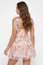Women's Floral Print on Mesh Bow on Bust Mini Dress – model view